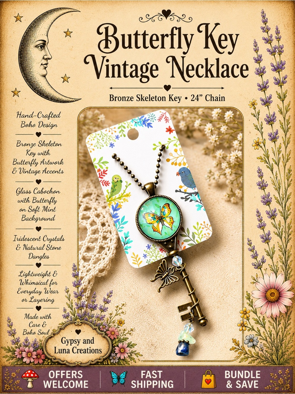 Handcrafted Bronze Skeleton Key Necklace Butterfly Cabochon Vintage Symbolic 24”